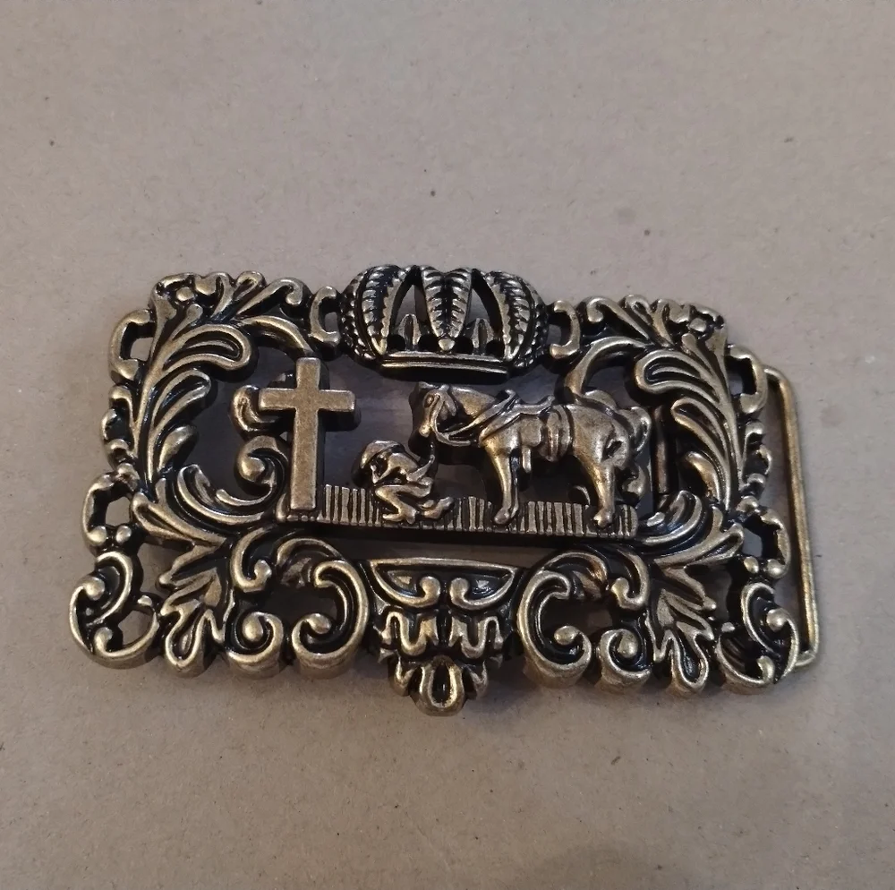 Western Belt Buckle Cross Crown Horse Cowboy Antique Tone